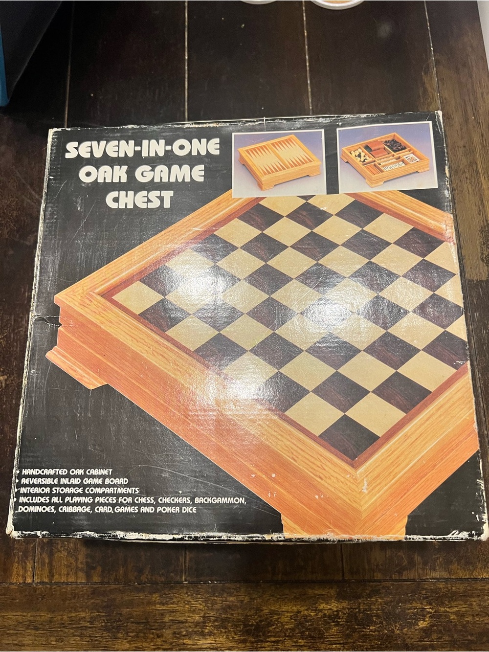 Vintage Oak 7-in-1 Chess Backgammon Game Chest Complete Set